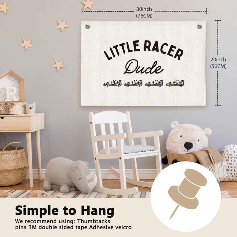 ETVISO Little Racer Dude Boys Room Decor - Linen Banner Wall Hanging Canvas Banner Flag Decor for Toddler Boy Bedroom Nursery Playroom - Image 2